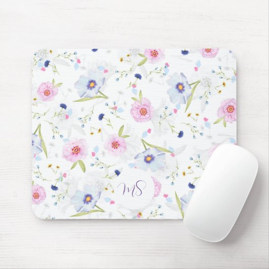 Pastel Blauw en Roze Bloemen Aangepast Muismat (Met muis)