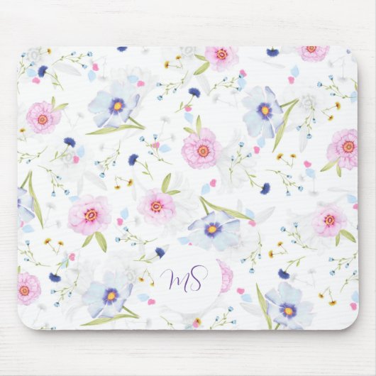 Pastel Blauw en Roze Bloemen Aangepast Muismat (Voorkant)