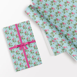Pastel Blauw en Roze Rustieke Bloemen Cadeaupapier