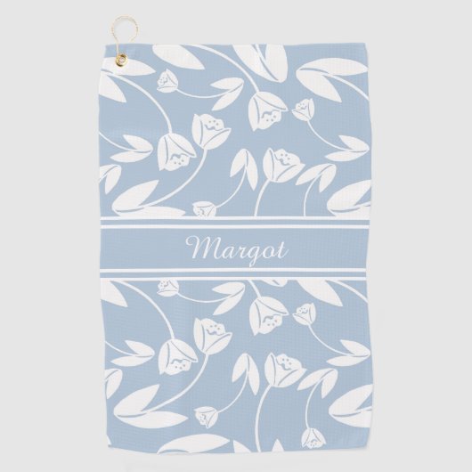 Pastel Blauw en Wit Bloem Silhouet Golfhanddoek (Voorkant)