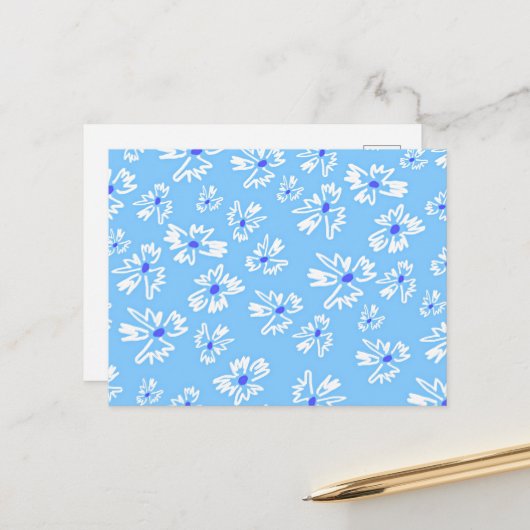 Pastel  Blauw en Wit Bloemen Briefkaart (Voorkant / Achterkant in situ)