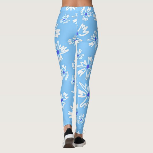 Pastel  Blauw en Wit Bloemen Leggings (Achterkant)