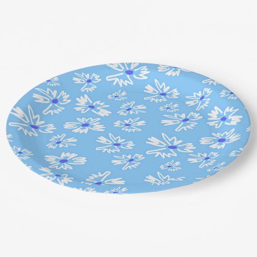 Pastel Blauw en Wit Bloemen Papieren Bordje (Gekanteld)