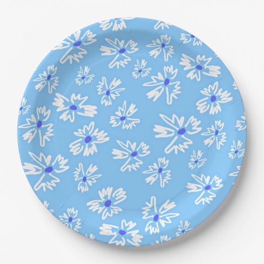 Pastel  Blauw en Wit Bloemen Papieren Bordje (Voorkant)