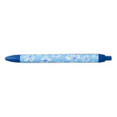 Pastel Blauw en Wit Bloemen Zwarte Inkt Pen (Voorkant)