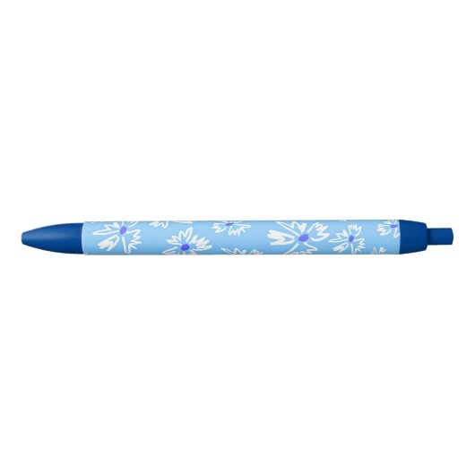 Pastel Blauw en Wit Bloemen Zwarte Inkt Pen (Voorkant)