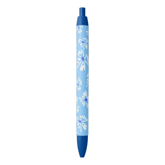 Pastel Blauw en Wit Bloemen Zwarte Inkt Pen (Voorkant Verticaal)