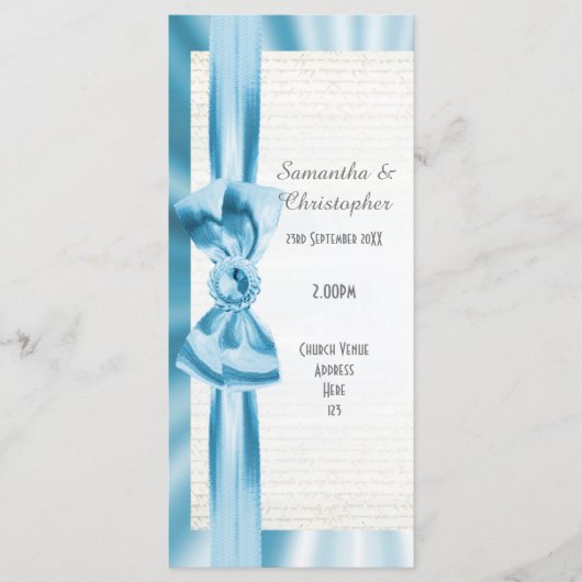 Pastel blauw en wit boog kerk bruiloft programma programmakaart (Voorkant)