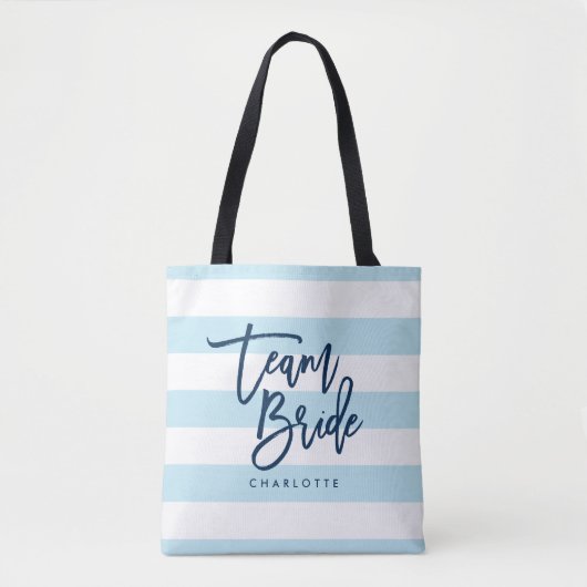 Pastel Blauw en Wit Strepen Blauw Team Bruid Tote Bag (Voorkant)