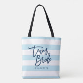 Pastel Blauw en Wit Strepen Blauw Team Bruid Tote Bag (Achterkant)