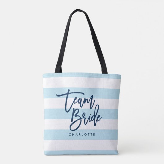 Pastel Blauw en Wit Strepen Blauw Team Bruid Tote Bag (Achterkant)