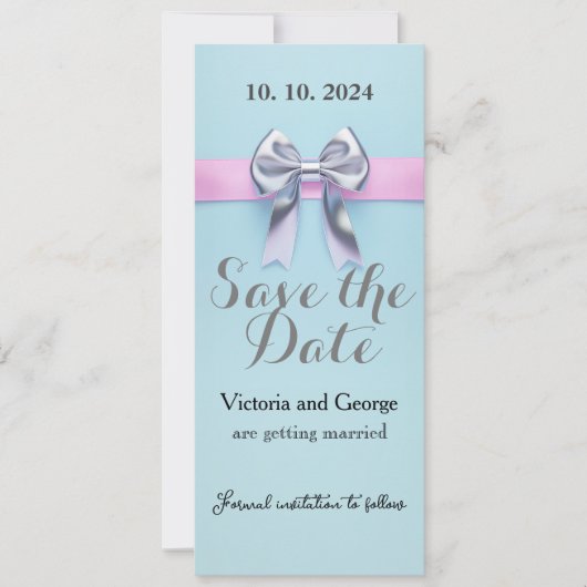 Pastel blauw gekleurd ontwerp met een strik kaart (Voorkant)