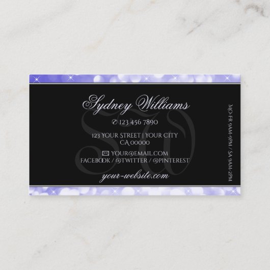 Pastel Blauw Glitter Sparkle Stars Monogram Zwart Visitekaartje (Achterkant)