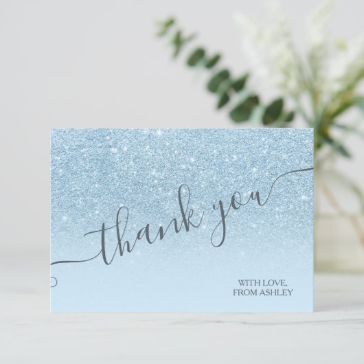 Pastel blauw glitter sparkles ombre dank u bedankkaart (Staand voorkant)