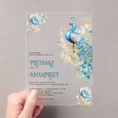 Pastel Blauw Goud Bloemen Indische Peacock Bruilof Acryl Uitnodigingen (Insitu (Draagbaar))