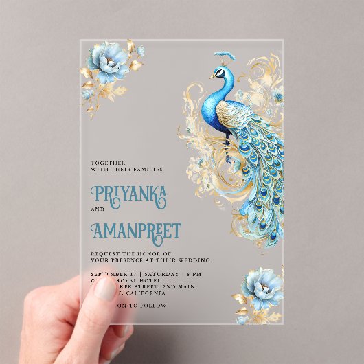 Pastel Blauw Goud Bloemen Indische Peacock Bruilof Acryl Uitnodigingen (Insitu (Draagbaar))