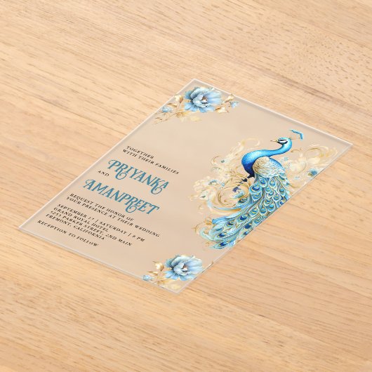 Pastel Blauw Goud Bloemen Indische Peacock Bruilof Acryl Uitnodigingen (Laagn)