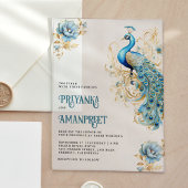 Pastel Blauw Goud Bloemen Indische Peacock Bruilof Acryl Uitnodigingen