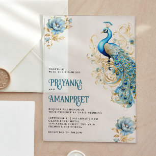 Pastel Blauw Goud Bloemen Indische Peacock Bruilof Acryl Uitnodigingen