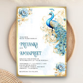 Pastel Blauw Goud Bloemen Indische Peacock Bruilof Kaart
