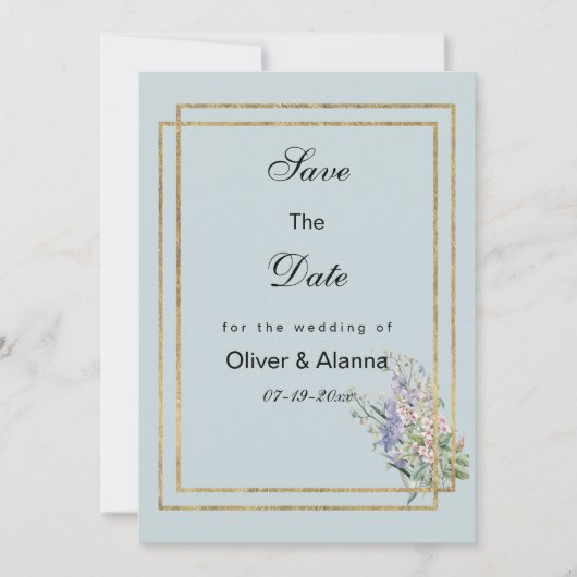 Pastel blauw goud lavendel roze flora Save The Dat Kaart (Voorkant)