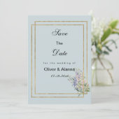 Pastel blauw goud lavendel roze flora Save The Dat Kaart (Staand voorkant)