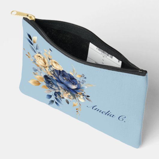 Pastel Blauw & Goud Waterverf Bloemen Cosmetische  Etui (Open)