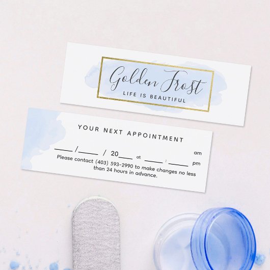 Pastel Blauw & Gouden Waterverf Elegante Afspraak Mini Visitekaartje