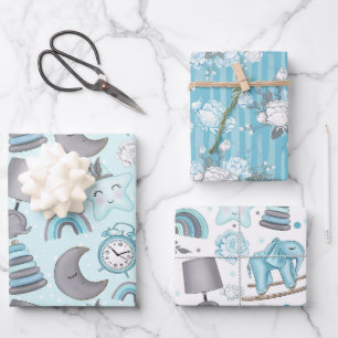 PASTEL BLAUW & GRIJS BABY ARTIKELEN BLOEMEN SPEELG INPAKPAPIER VEL
