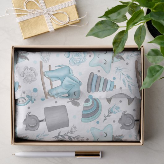 PASTEL BLAUW & GRIJS BABY BOY ITEMS TISSUEPAPIER (Geschenk)