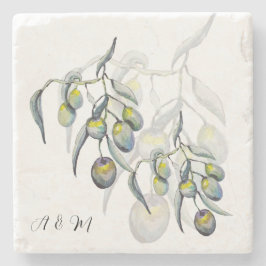 Pastel Blauw Grijs Olijftak Aquarel Stenen Onderzetter