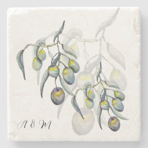 Pastel Blauw Grijs Olijftak Aquarel Stenen Onderzetter