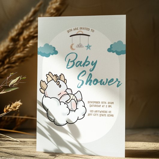 Pastel Blauw Grijs Slaapwolk Baby Dragon Kaart