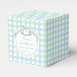 Pastel blauw groen schommelpaard crest baby shower bedankdoosjes