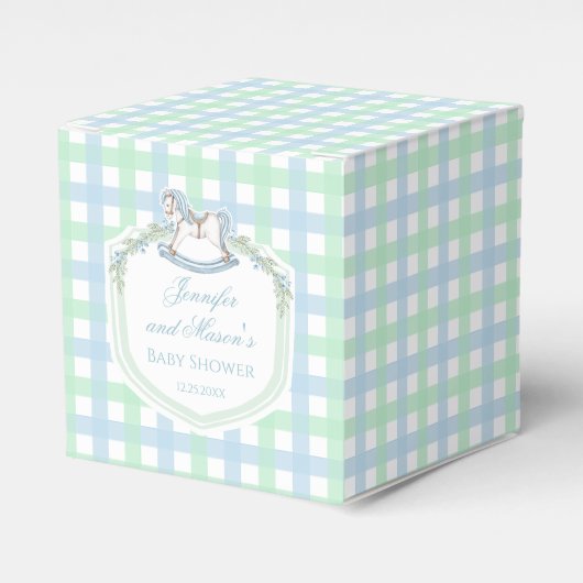 Pastel blauw groen schommelpaard crest baby shower bedankdoosjes (Voorkant Zijde)