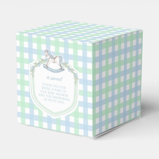 Pastel blauw groen schommelpaard crest baby shower bedankdoosjes (Achterkant)