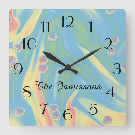 Pastel blauw kleine hartjes, naam, rond of vierkan vierkante klok (Voorkant)