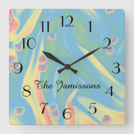 Pastel blauw kleine hartjes, naam, rond of vierkan vierkante klok