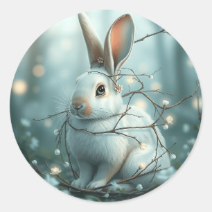 Pastel Blauw Konijn met twijgen en bloemen Ronde Sticker