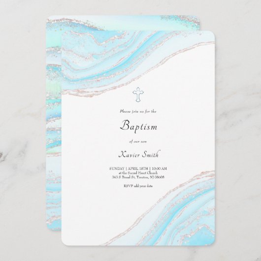 pastel blauw marmer Doop baby boy uitnodiging (Voorkant / Achterkant)