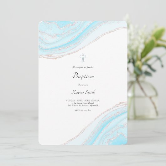 pastel blauw marmer Doop baby boy uitnodiging (Staand voorkant)