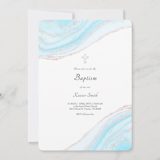 pastel blauw marmer Doop baby boy uitnodiging (Voorkant)