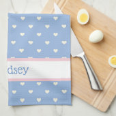 Pastel blauw met witte harten gepersonaliseerd theedoek (Quarter Fold)