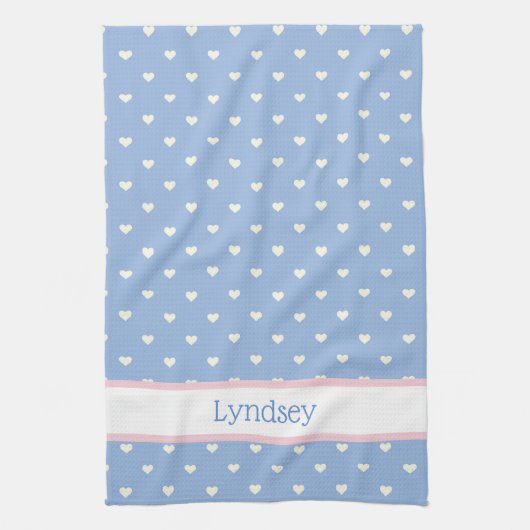 Pastel blauw met witte harten gepersonaliseerd theedoek (Verticaal)