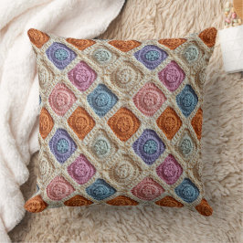 Pastel Blauw Oranje Paars en Roze Haaklook Kussen