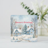 Pastel Blauw Ouderwetse huisjes in de winter Feestdagenkaart (Staand voorkant)