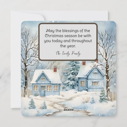 Pastel Blauw Ouderwetse huisjes in de winter Feestdagenkaart (Achterkant)