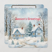 Pastel Blauw Ouderwetse huisjes in de winter Feestdagenkaart (Voorkant / Achterkant)