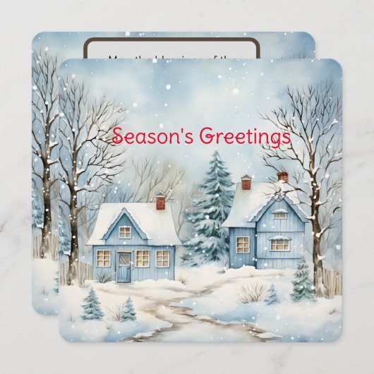 Pastel Blauw Ouderwetse huisjes in de winter Feestdagenkaart (Voorkant / Achterkant)