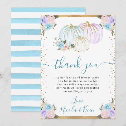 Pastel Blauw & Paarse Bloemen Pompoenen Fall Weddi Bedankkaart (Voorkant / Achterkant)